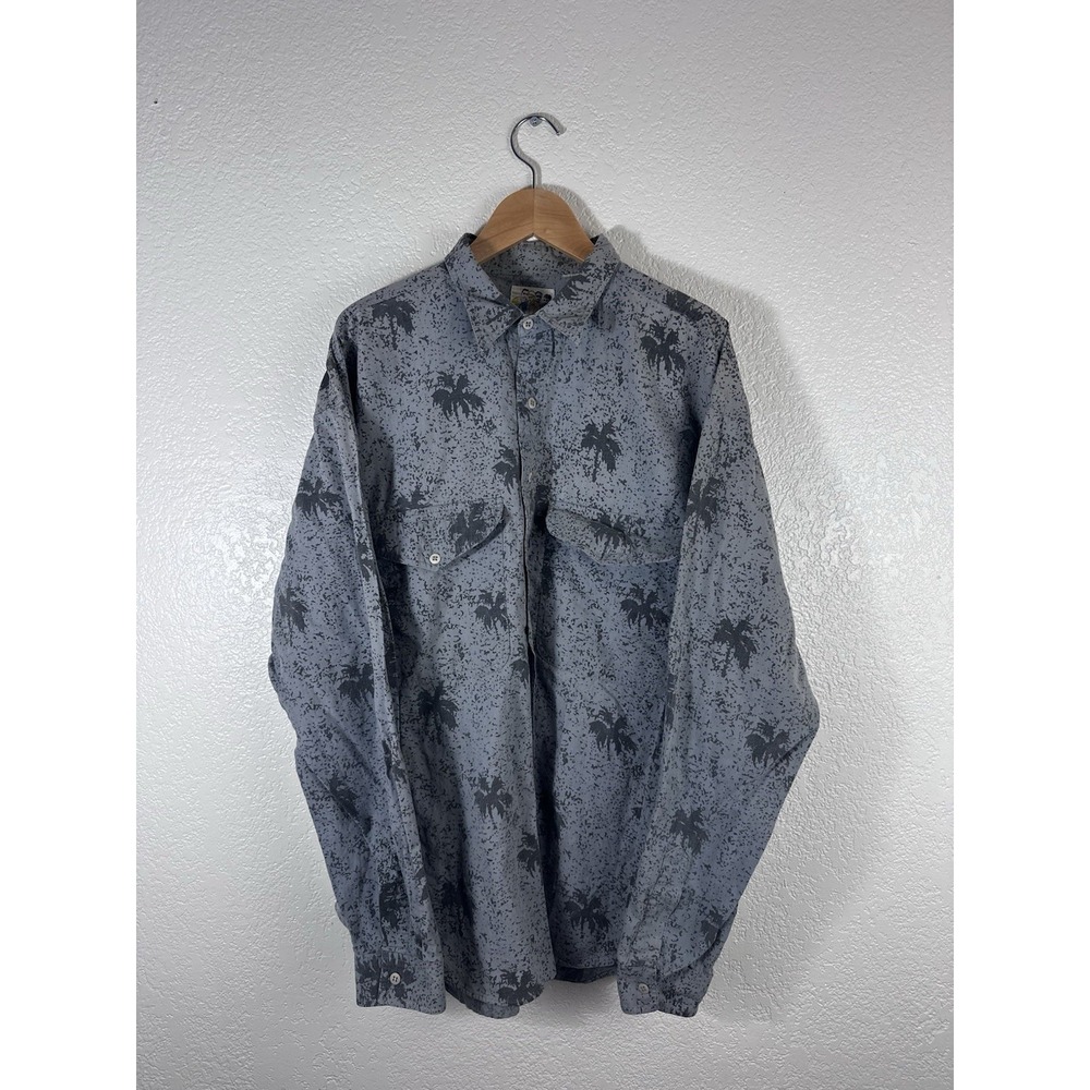 Vintage Photo Type Abstract Palm Tree Button Up Shirt Men's Large Gray